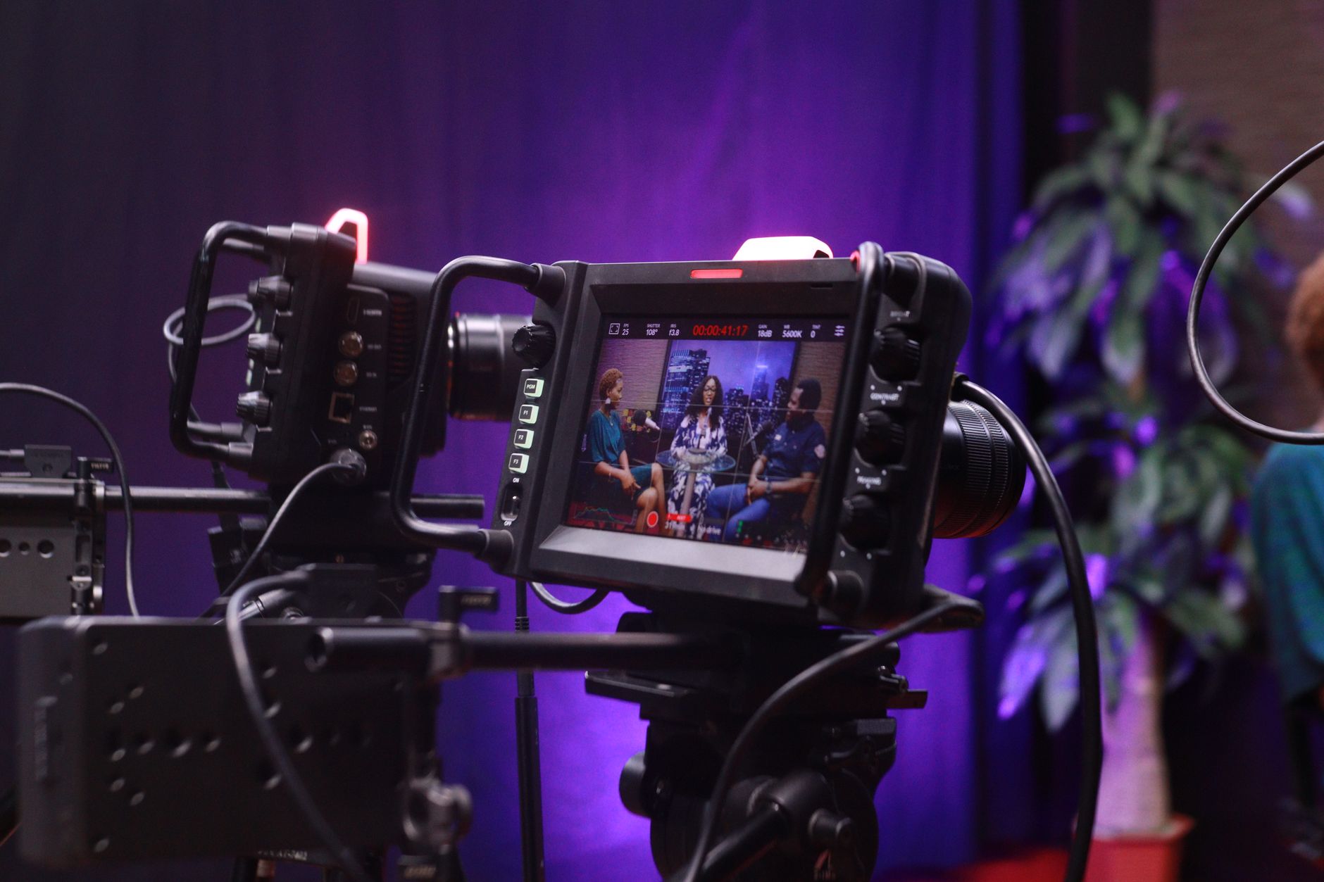 Empty television drama production set with studio lighting