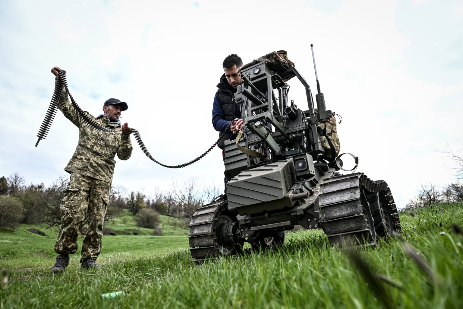 Military drone on an open field representing frontline robotic warfare