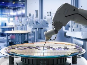 Close-up of a semiconductor wafer on a manufacturing surface